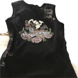 Angels large Black ribbed V neck tank with beaded embellishment & Embroidered
